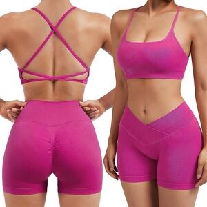 NWT Women's Pink Seamless Sports Bra and Shorts Set